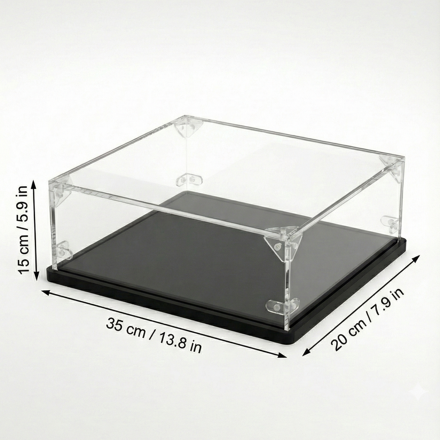 Clear acrylic display case with dimensions on a white background