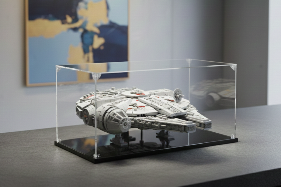 Lego set inside acrylic display case